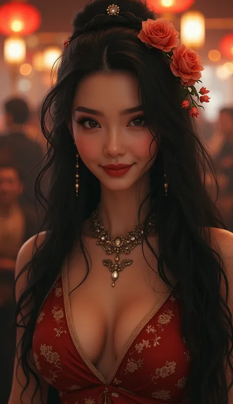 CHINESE PETITE WITH LONG BLACK CURLY HAIR,(photo of female citizen:1.3) 1girl, solo, HUGE breasts, looking at viewer, smile, hair ornament, cleavage, dress, bare shoulders, jewelry, collarbone, upper body, BLACK hair, flower, teeth, solo focus, hair flower...