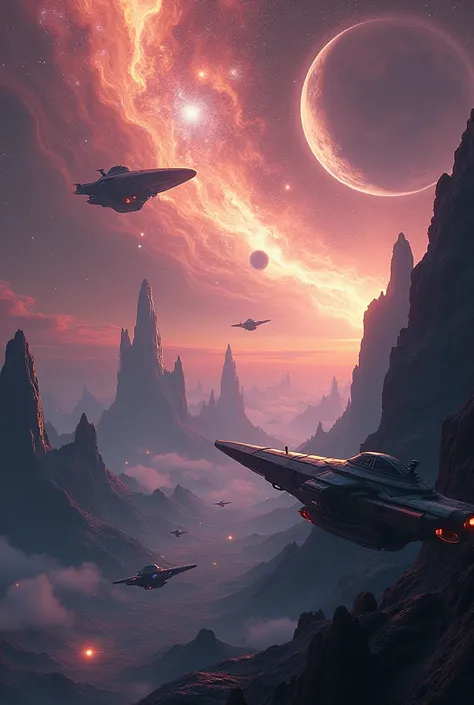 An image about space with spaceships and planets and that tells the twilight of the worlds