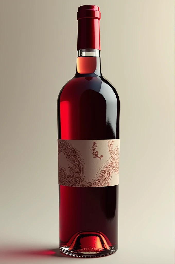 

"A realistic and detailed image of a wine bottle, showcasing its elegant shape and label. The bottle is filled with rich, deep red wine, and the glass has a reflective quality, capturing light and shadows. The label on the bottle is artistically designed...