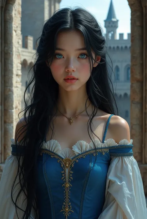 realist,Beautiful teenage girl, blue eyes, a lock of white hair, long black hair, medieval dress, In a castle, 
