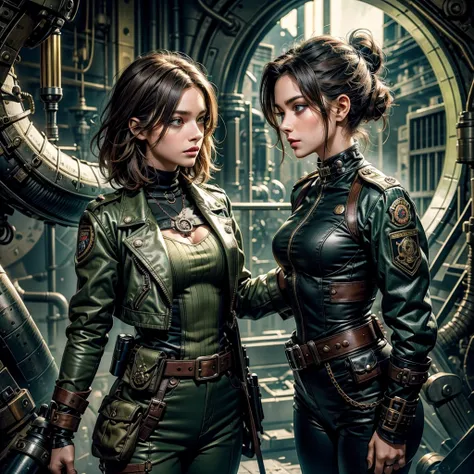 
a woman in a steampunk military uniform watches in amazement as a strange creature emerges from a green acid, two woman in talking ,one monster,green acid,Anatomically Correct, Best Quality, Accurate, Super Detailed, middle hair,Brown Hair, steampunk mili...