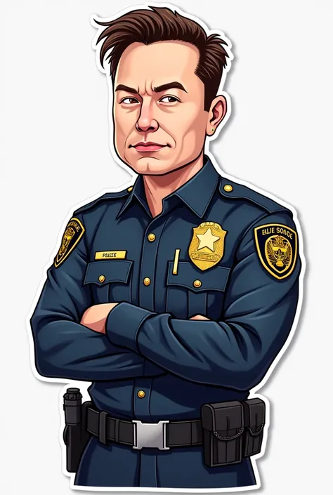 Vector image sticker art of Elon Musk clean shaved  as a police officer  cartoonistic realistic 