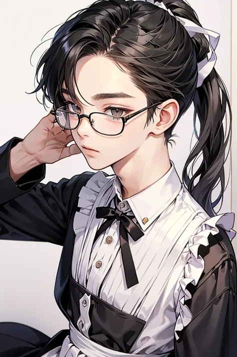 Maid clothes、1 person、So cute!、Shota、cute、The most beautiful boy、long、cool、neutral、Handsome、male、ponytail、Glasses、Front face