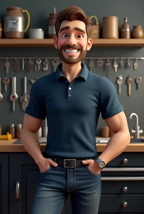 3d man with hands in pockets smiling leaning on a tool bench, behind him a wall with new keys,  dark blue shirt with collar and jeans
