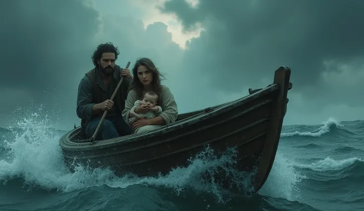 A man steers a boat on a boat and a woman on a boat is holding a baby in her arms. Horror story.