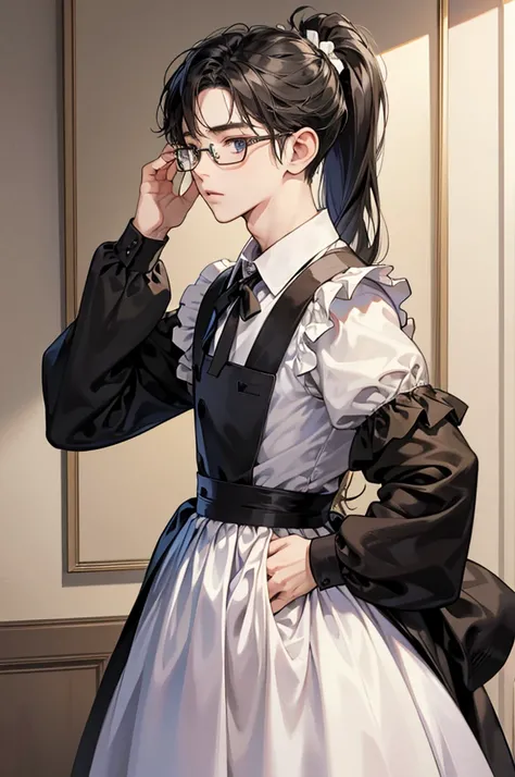 Maid clothes、1 person、So cute!、Shota、cute、The most beautiful boy、long、cool、neutral、Handsome、male、ponytail、Glasses、Nape、Turn around、Sparkling eyes