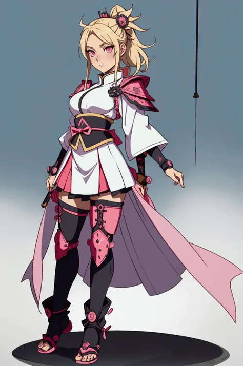 (1 girl)((masterpiece, perfect quality)) full body, head to toe capture in the frame, cute girl, cute, Blonde girl with pink eyes, wears a demon hunter uniform referencing the uniforms of Kimetsu no Yaiba, and Combines it with white samurai armor and light...