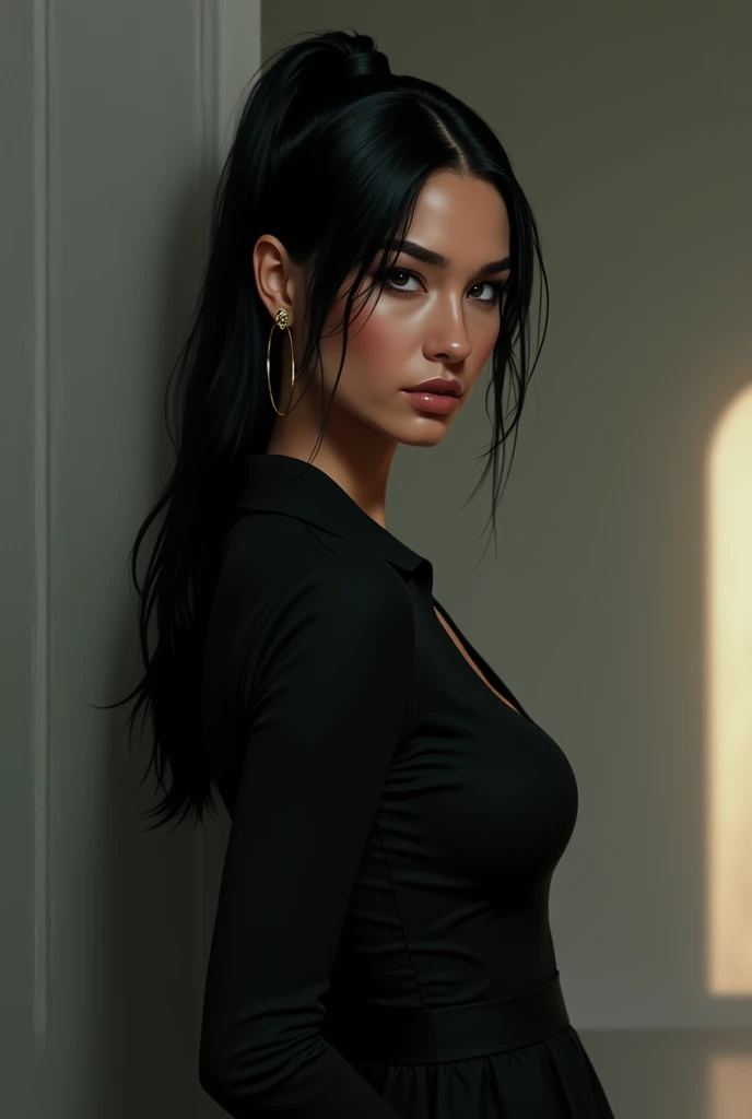 A brunette woman with black hair, slanted eyes and sculptural body  