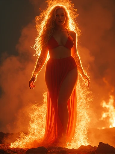 (Masterpiece. Uhd. Photorealistic full body) an ultra hot gorgeous European woman.age 23. Epic cleo(100E breast size) Ember Goddess: Born of Flames. Lava. Heavy smoke. At night. Blurry background.