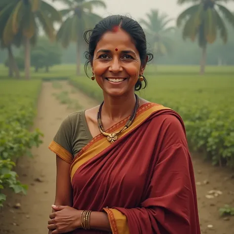 poor maharashtrian women from village near rular areas 
with indian skin tone age 37-40 wearing normal saree and without jwelery standing , smiling , happy