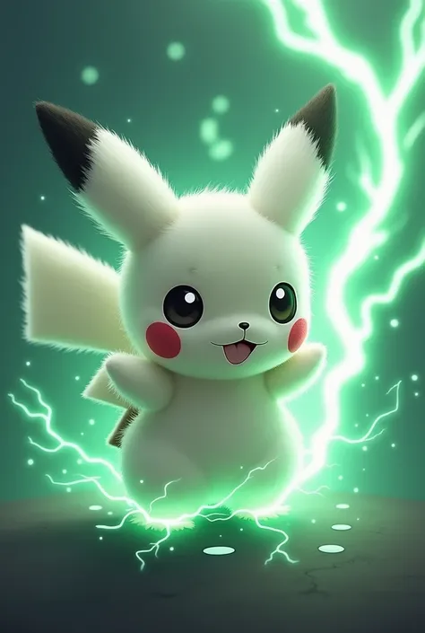 Create a white pikachu with a black tipped pikachu tail, black eyes, cute style, chibi style, green electric shocks swarmed around him, white fur, fluffy white fur, Anatomically Correct, High Resolution, Accurate, Super Detailed, black colored cheeks