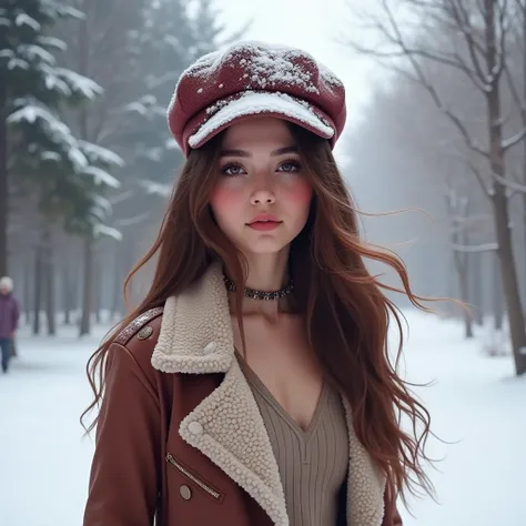 Prompt, realistic influencer Pakistani lovely cute young attractive teenage girl, 1, fair face, mole on cheek, little mouth,cute, beautiful,dimpal ,an Instagram model,long  brown_hair, colorful hair, winter,fashionable runway model strutting down a tiny in...