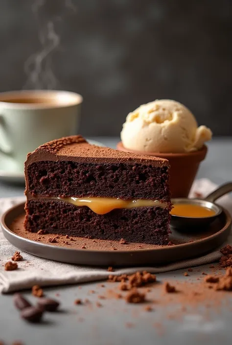 Slice of chocolate cake filled with caramel cream accompanied with a scoop of ice cream and American coffee