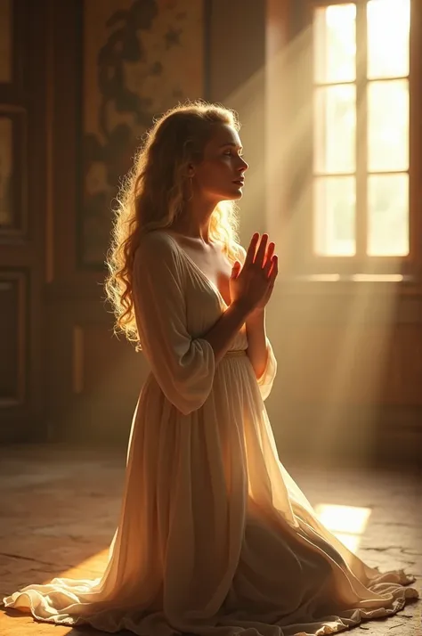 Image of blonde woman, curly hair, kneeling in the room, praying with hands together and long dress and long sleeves, with sun entering the room 