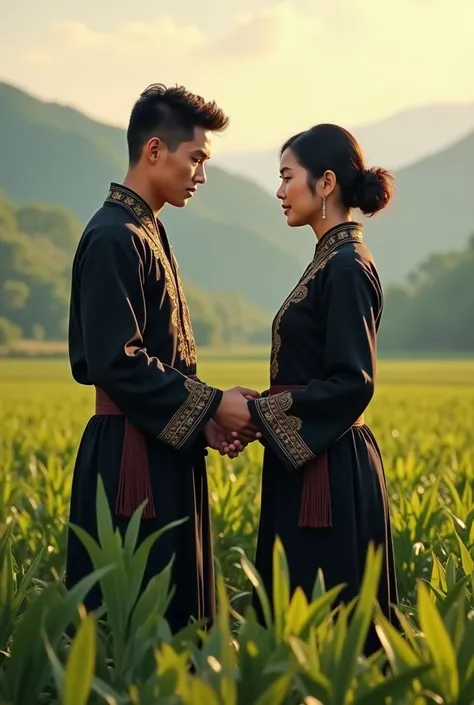 A young man wearing black Hmong clothing and a young woman in black are helping each other in the fields and facing each other.



