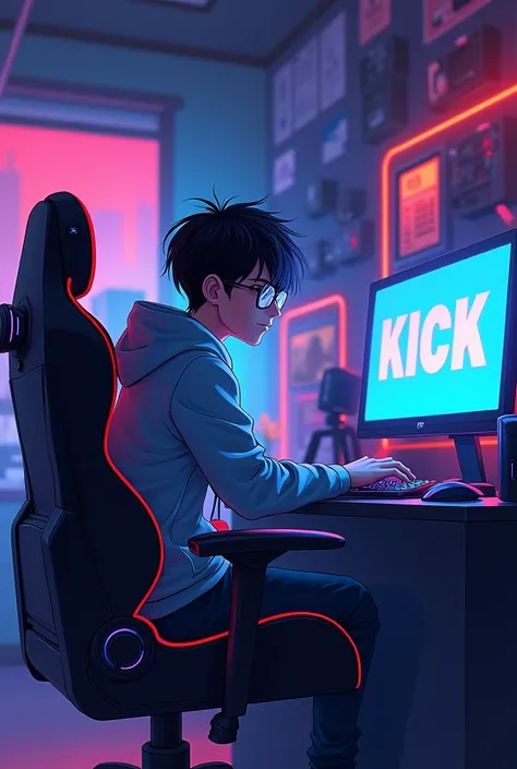 I want you to create an anime thumbnail of a gamer boy sitting in a gamer chair with the computer screen saying kick