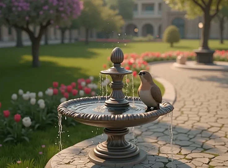 Create a hyper-realistic, AI-generated artwork of a small bird taking a bath in a fountain located in a lush, floral and grassy plaza during the day. The scene should capture the intricate details of the fountain, including its ornate design and the sparkl...