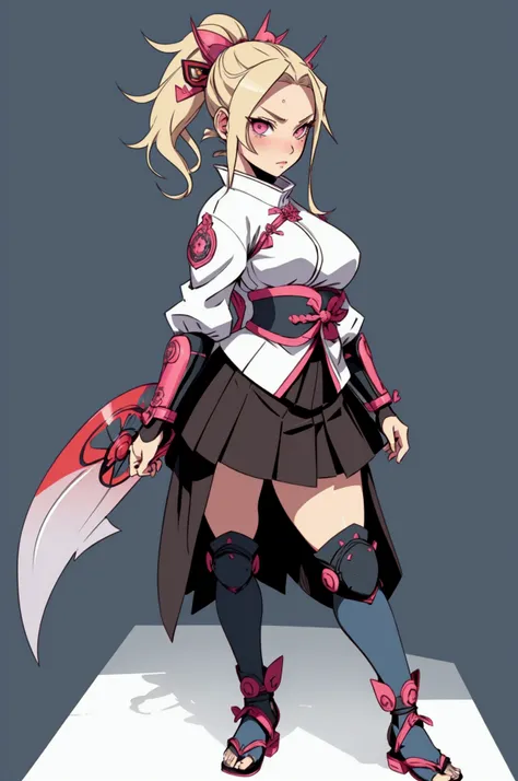 (1 girl)((masterpiece, perfect quality)) full body, head to toe capture in the frame, cute girl, cute, Blonde girl with pink eyes, wears a demon hunter uniform referencing the uniforms of Kimetsu no Yaiba, and Combines it with white samurai armor and light...