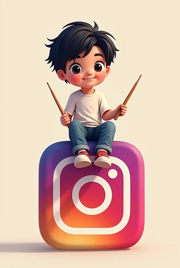 A dark-haired Asian boy avatar sitting on the Instagram logo with name printed on it (@theRockdrummer) at the bottom holding a pair of drumsticks 