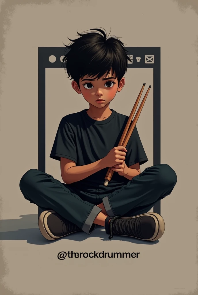 A dark-skinned Asian boy sitting on the Instagram logo with his name printed on it (@theRockdrummer) at the bottom holding a pair of drumsticks 