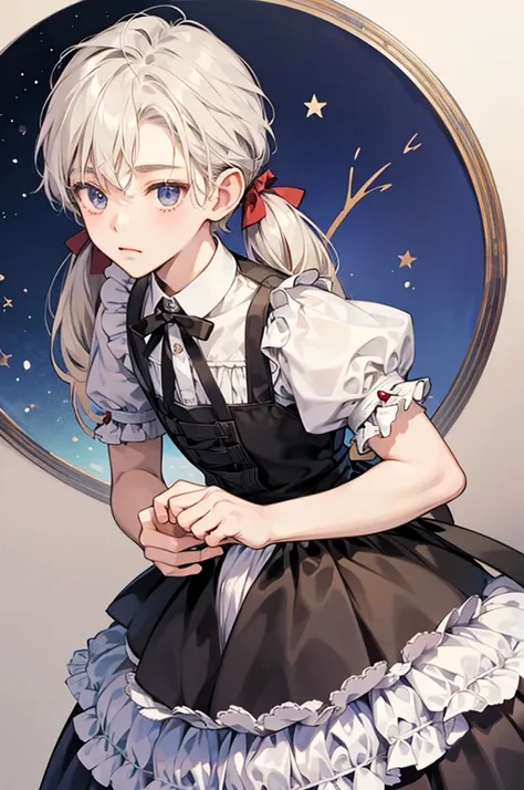 Maid clothes、1 person、So cute!、Shota、Juvenile、cute、The most beautiful boy、long、cool、neutral、Handsome、male、Twin tails、Front face、Long ribbon