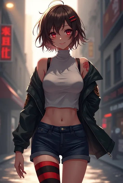 (masterpiece, sidelighting, finely detailed red eyes: 1.2), ((best quality)), ((masterpiece)), (highly detailed:1.3), anime, female, bodytight shirt, turtleneck, open jacket with long sleeves, body tight shorts, pale skin, (shadowed eyes, darkened eyes), (...