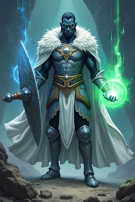 in the Human Comics style, create a full-body character, with skin as black as night and heterochromic eyes. A large, slender and strong Viking-style warrior, wearing white and gray Viking-style medieval armor. In one of his hands he carries a large steel ...