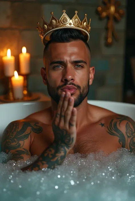 handsome cuban tough man attractive , White skin, blue eyes, thick lips, black shaved hair with a fade cut, graduated beard, muscular body with tattoo in a bathtub with candles and glitter in the water blowing a kiss on the head a golden crown