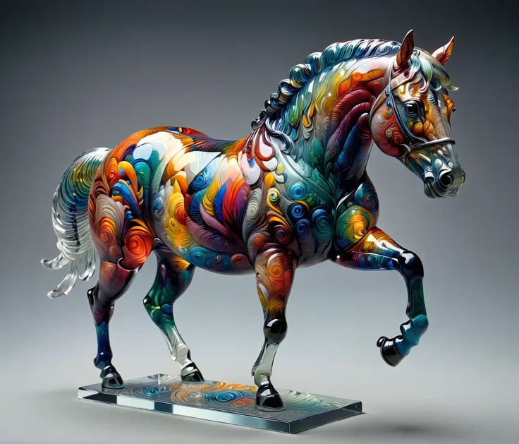 (chubby, male, horse), transparent glass sculpture, vibrant colors, highly detailed, intricate details, best quality, masterpiec...