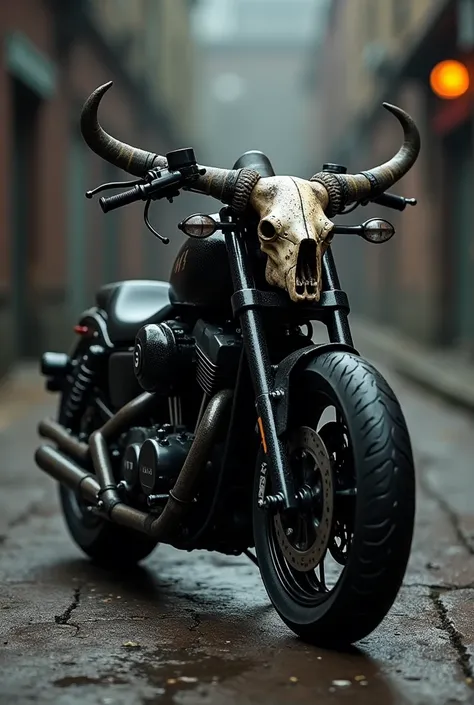 Black motorcycle, that has a bull skull on the handlebars 