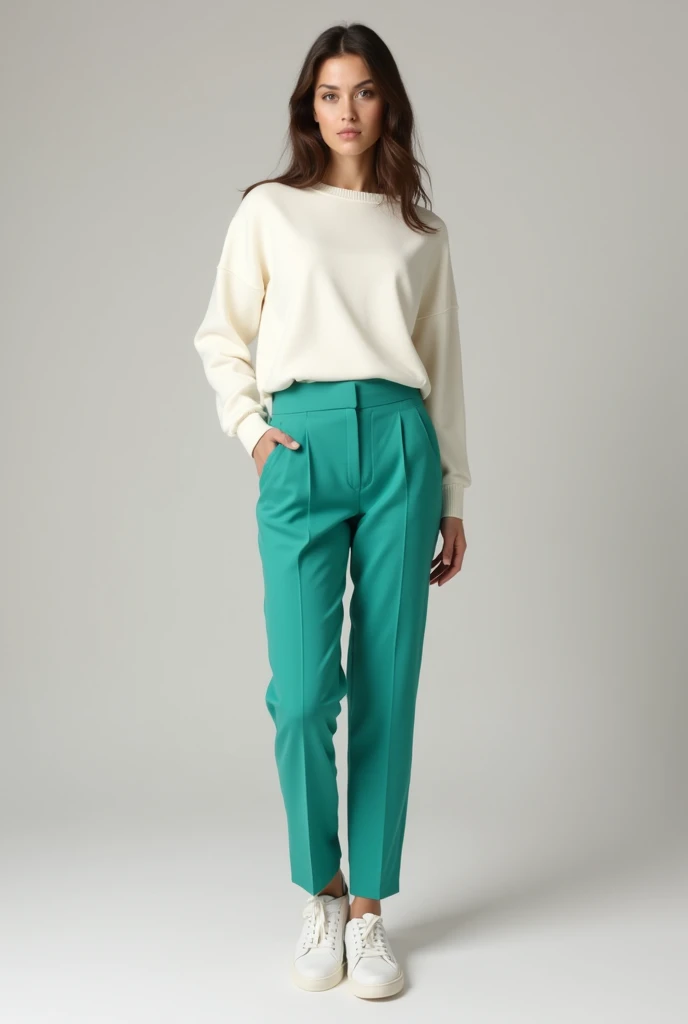 White sweater top, slim fit and a turquoise green official trouser, slim fit. With white sneakers. A middle sized lady with curved body