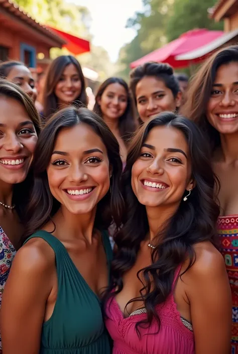 Imagine an image where you see smiling people who have Peruvian or Mexican features, including men and women aged 25 to 32.