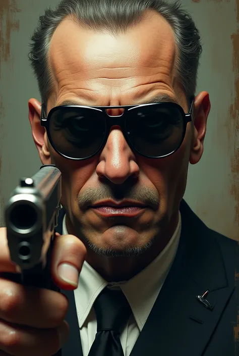 Create unrealistic drawing of a mobster&#39;s face with sunglasses and a gun