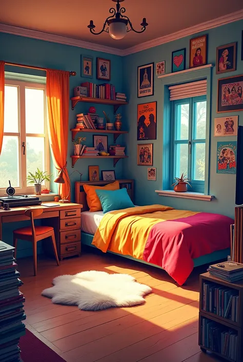 Room with colorful bed, big bookshelf full of books, band and series posters on the wall, fur rug, cabinet with mirror door, tv on the wall, wooden desk with office supplies and a record player