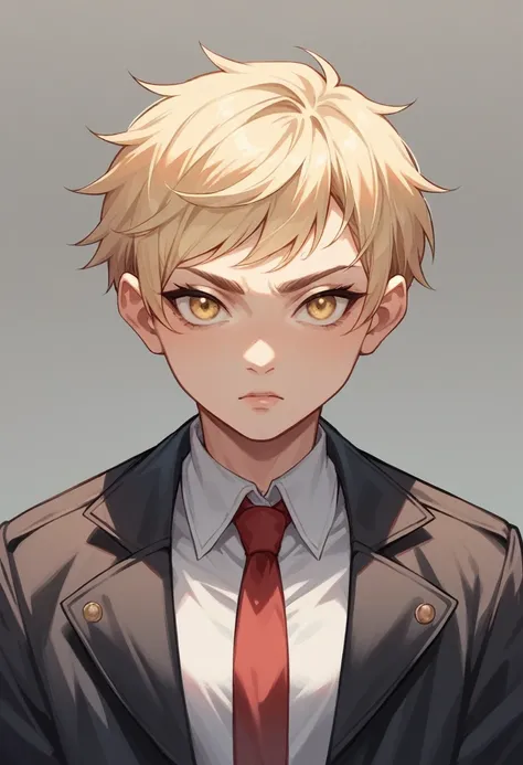 **young blond woman of 20, with short hair, with yellow eyes, athletic, she wears a black suit jacket, a red tie, comics style --style expressive** - (relaxed)