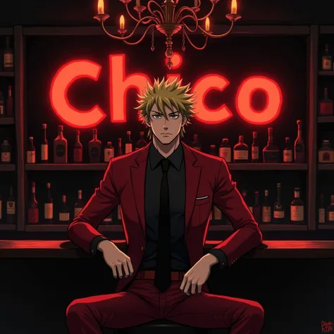 The image is an illustration of a man sitting on a bar counter with a glass of red wine in front of him. The man is wearing a red suit with a black shirt and a black tie. He has spiky blonde hair that is styled in a spiky manner and is looking directly at ...