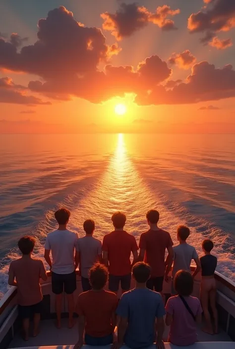 In the late afternoon, boys and friends all go on a big boat trip and watch the sunset