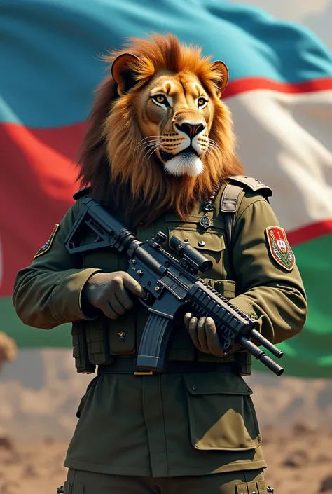 Lion is defending the homeland with a gun in military uniform with the flag of Uzbekistan behind him