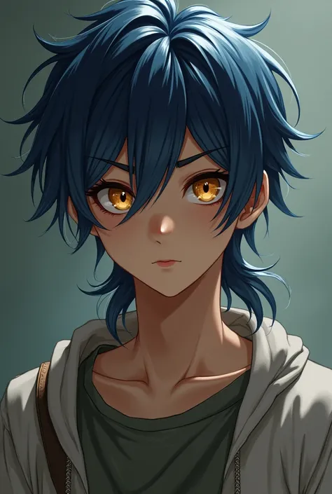 Boy with navy blue hair with ponytail with amber eyes with baggy clothes serious teenager