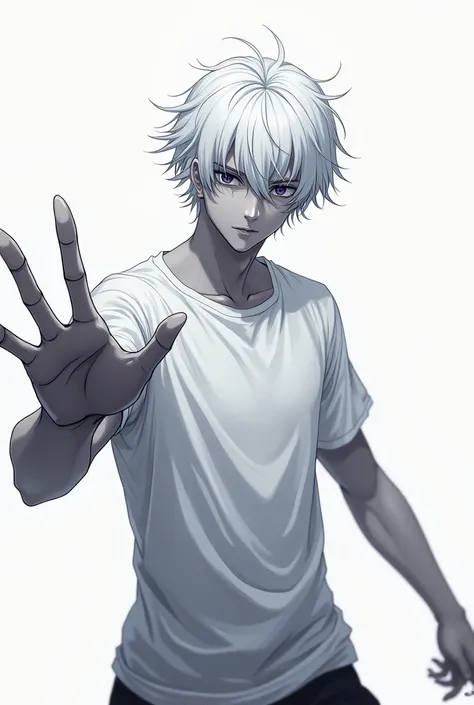 Demon  with three eye and four hand  anime  white colour human like size beautiful men white hair and white t shirt long sleeve man attack on white demon 