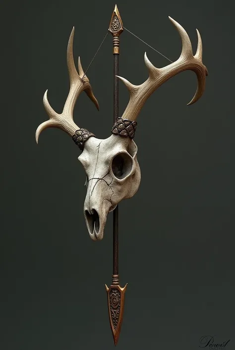 A bow and arrow made from a deer skull 