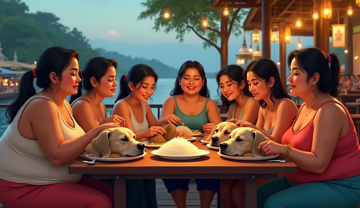 8 Cambodian women who are a bit fat, Loose hair, Big nose, Wear a tank top, trousers, sit down, Everyone faces the front camera., And on the table are three big dogs with their eyes closed.&#39;Head on plate and rice, Everyone holds a spoon., The location ...