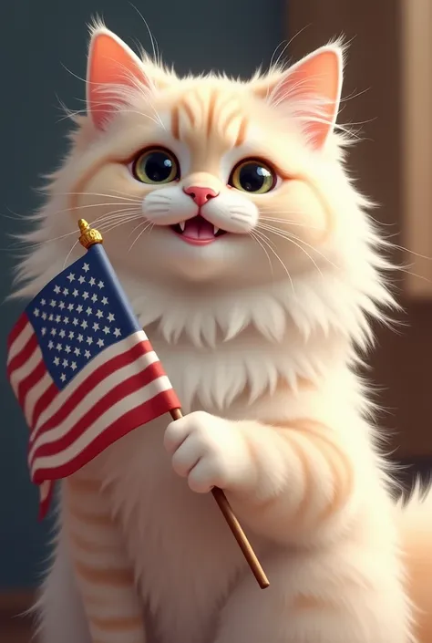 semi realistic drawing, Persian cat smiling holding a flag in its paw, half body 