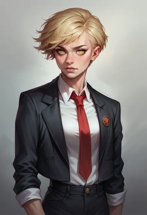 **young blond woman of 20, with short hair, with golden eyes, athletic, she wears a black suit jacket, a red tie,8k, realistic, comics 