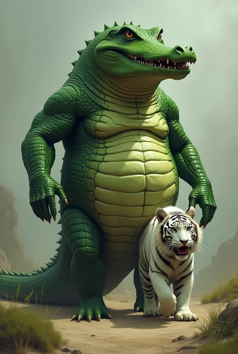 Millionaire Christian green crocodile with a very poor stray white tiger