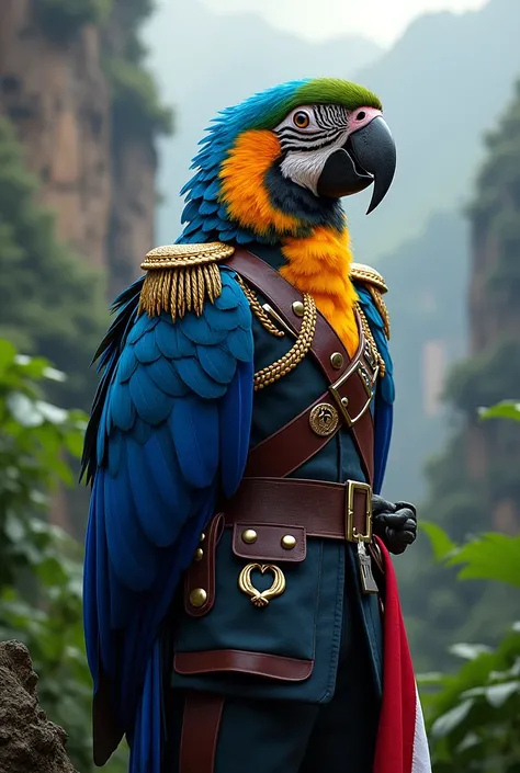 A parrot with the Hondurans flag in military uniform 