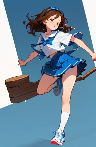 Modest schoolgirl, Blue Stal, White shirt, chest sticks out, Short skirt, Brown hair, sneakers, Beautiful face, Cute face