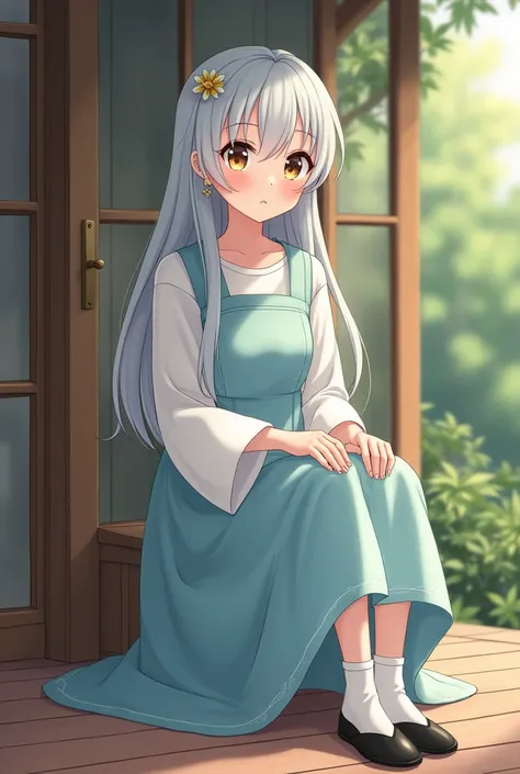 anime oc female, human race, elderly lady with fair skin, long gray hair with eyelashes of the same color, light brown eyes, wearing a soft blue dress and a long-sleeved white wool t-shirt underneath the dress, white socks and black slippers