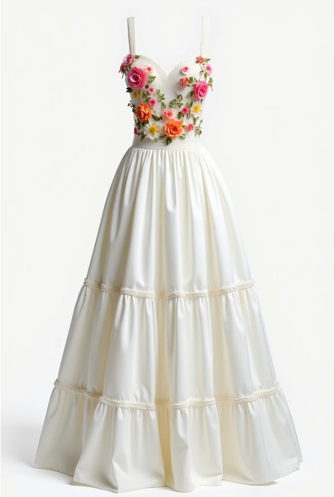 Plain white, Square neck, thin straps, 3 tiered gown dress with elegant colorful floral attachments and patches only in the bodice and elegant trim at tiers