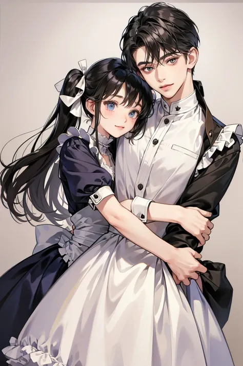 Two maid outfits、So cute!、Two shota、Juvenile、cute、The most beautiful boy、long、cool、neutral、Handsome、male、Twin tails、Front face、Long ribbon、smile、Dynamic、Tomboy、hug、Hug me